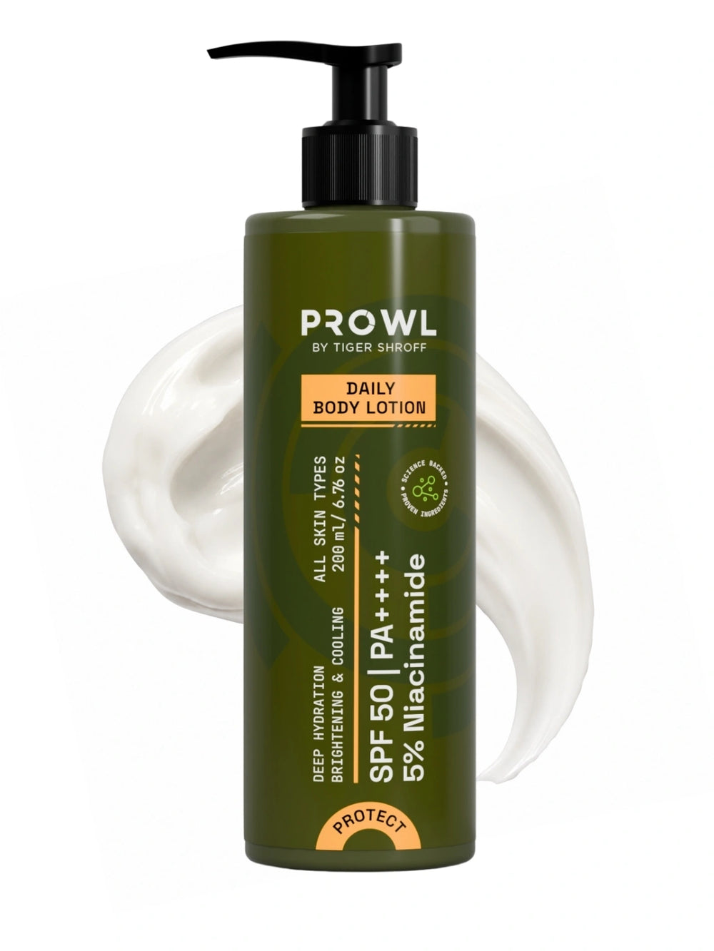 PROWL Daily Body Lotion pump bottle standing upright in front of a thick, wavy swatch of white lotion.