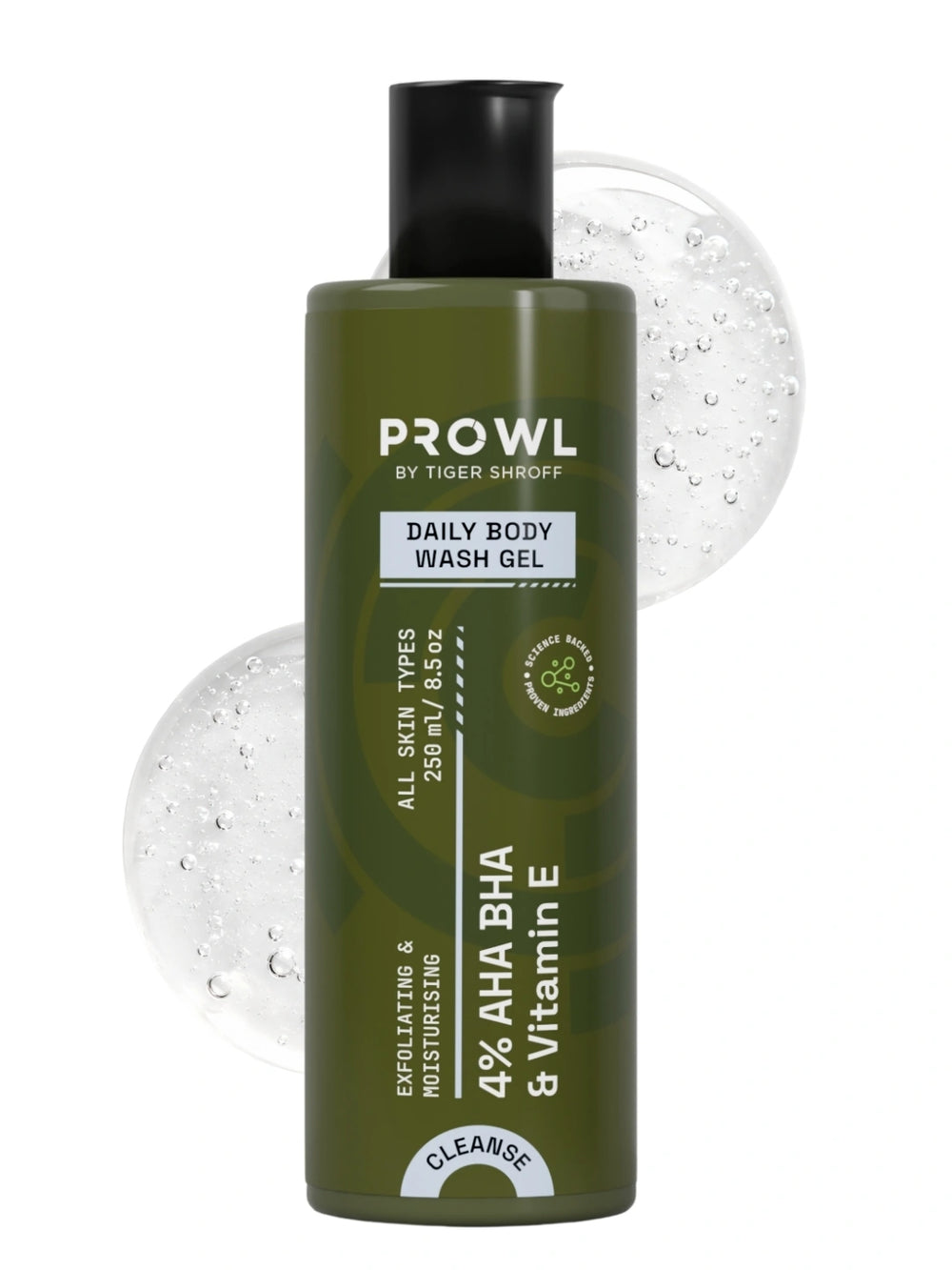 PROWL Daily Body Wash Gel bottle displayed in front of clear, bubbly gel swatches.