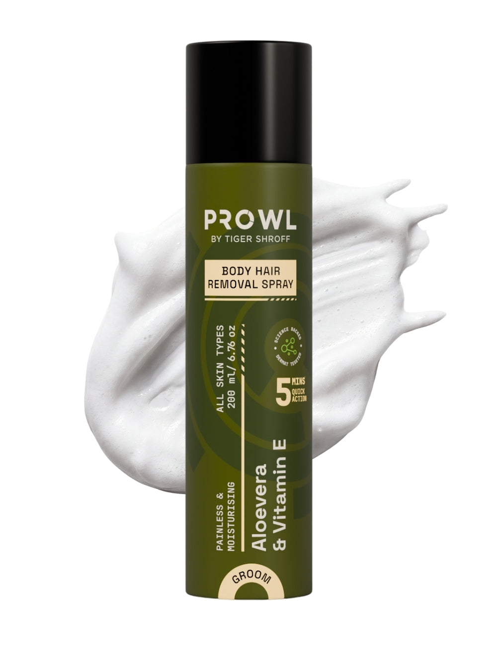 PROWL Body Hair Removal Spray can standing upright against a thick swatch of white foam.