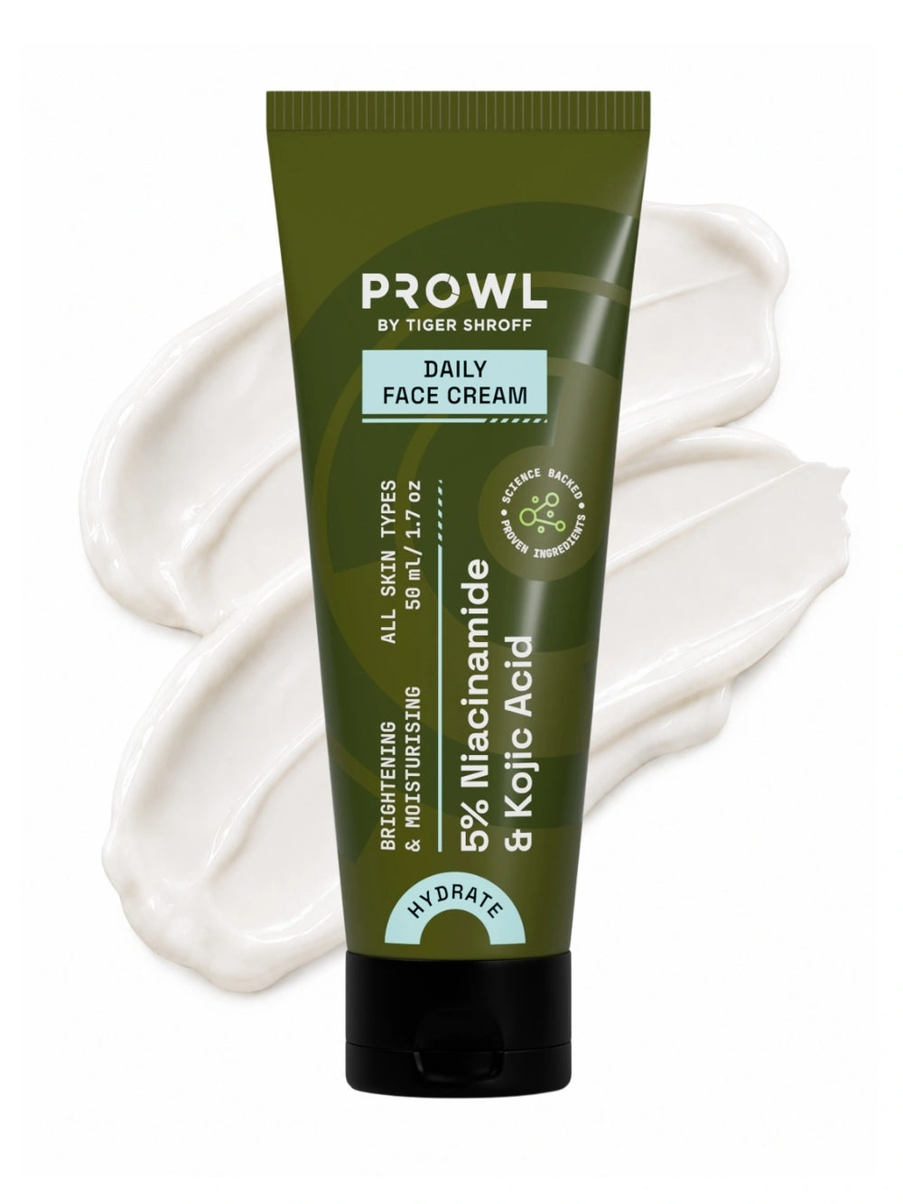 PROWL Daily Face Cream tube resting on top of thick, creamy white product swatches.