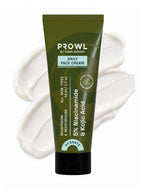 PROWL Daily Face Cream tube resting on top of thick, creamy white product swatches.