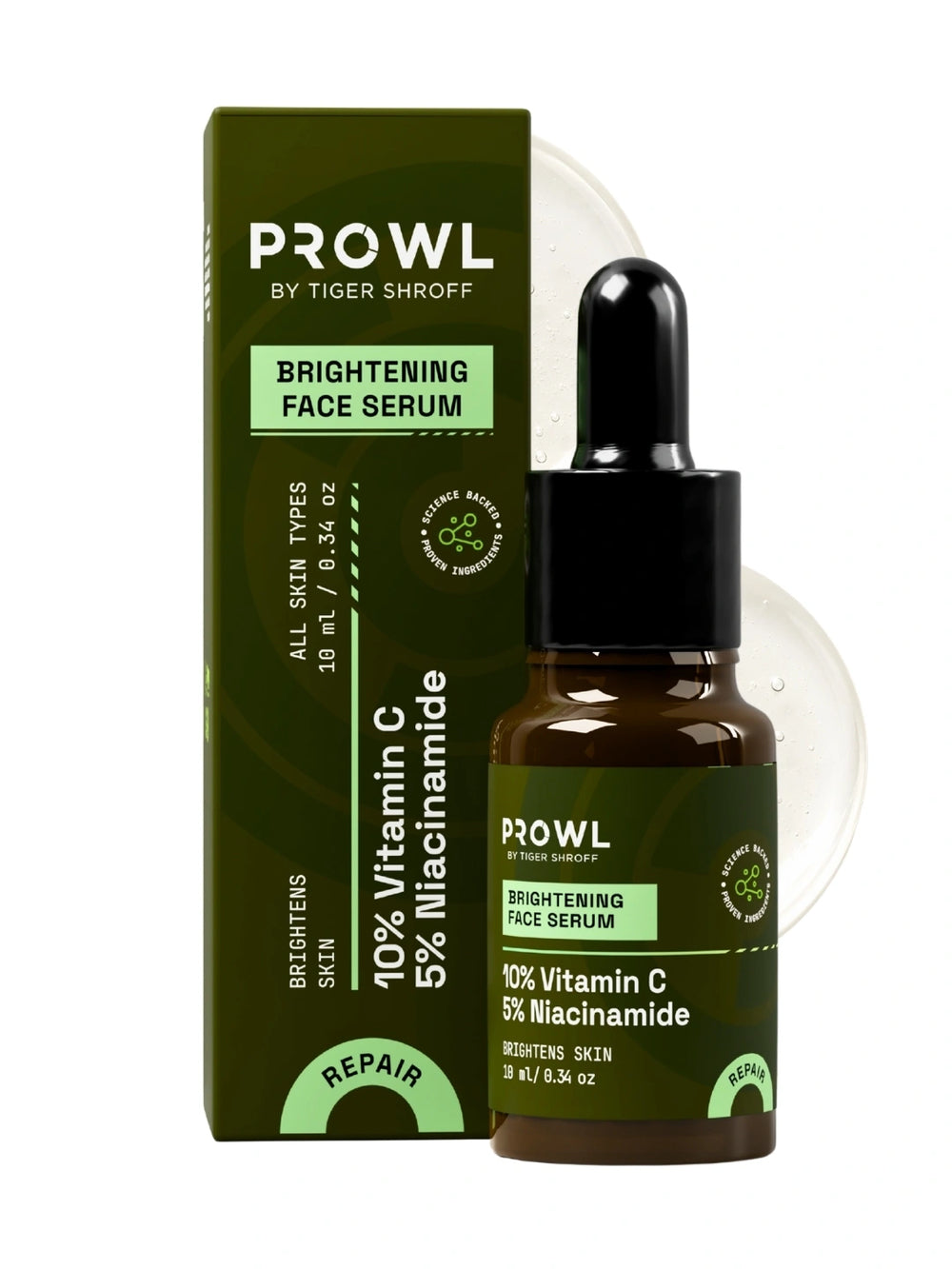 PROWL Brightening Face Serum bottle and green carton displayed in front of a clear, bubbly serum swatch.