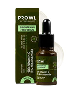 PROWL Brightening Face Serum bottle and green carton displayed in front of a clear, bubbly serum swatch.