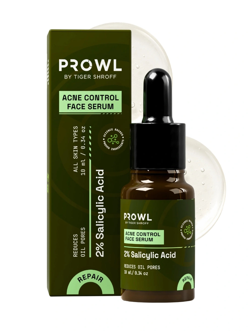 PROWL Acne Control Face Serum bottle and green carton displayed in front of a clear, bubbly serum swatch.