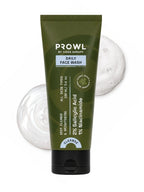 PROWL Daily Face Wash tube resting on clear gel and white foam swatches.