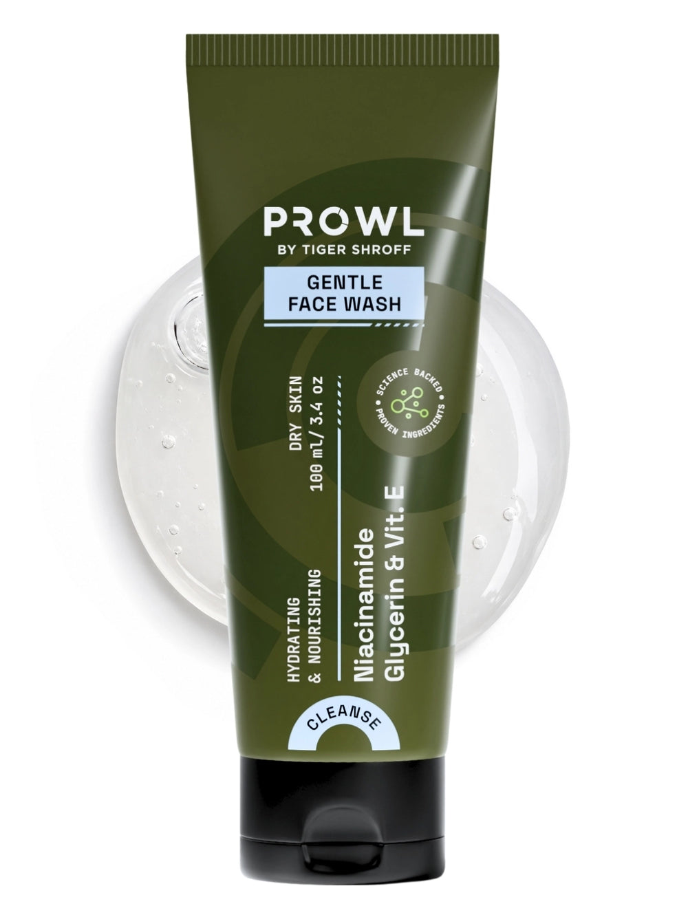 PROWL Gentle Face Wash tube centered over a clear, bubbly gel swatch.
