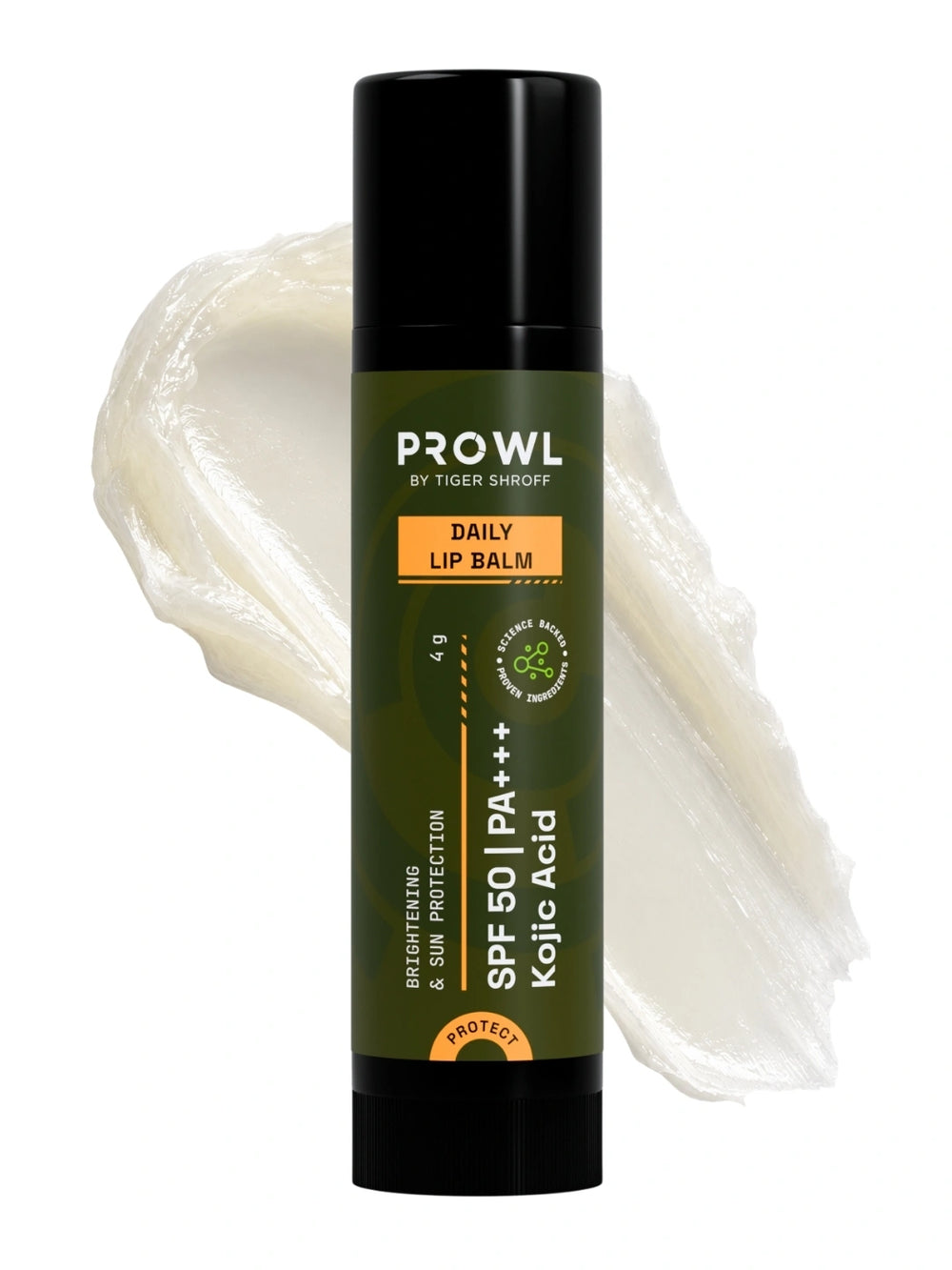 PROWL Daily Lip Balm tube standing upright in front of a thick, textured smear of clear lip balm.