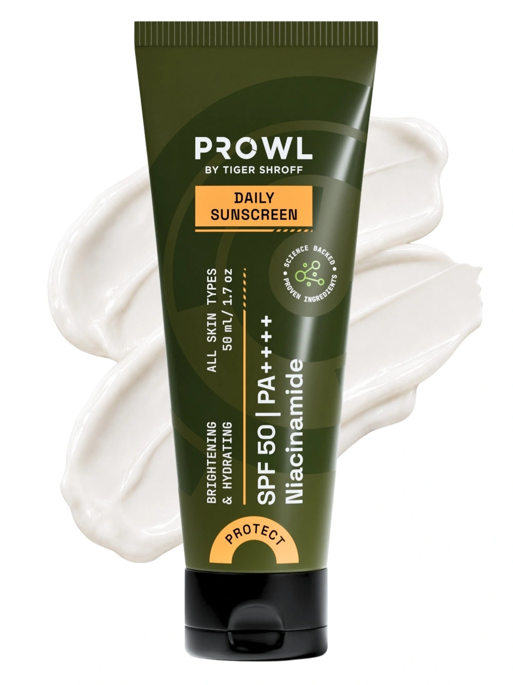 PROWL Daily Sunscreen tube standing upright against a background of thick white cream swatches.