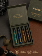 Open PROWL Perfume Discovery Set box revealing four perfume vials alongside icons noting long-lasting, premium, and travel-friendly qualities.