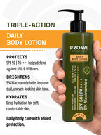 Hand holding PROWL Daily Body Lotion next to text detailing a triple-action formula that protects, brightens, and hydrates.