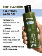 Hand holding PROWL Daily Body Wash Gel next to text detailing its triple-action exfoliating formula.