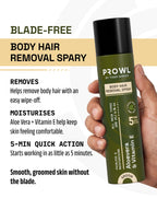 Hand holding PROWL Body Hair Removal Spray next to text detailing its blade-free removal, moisturising benefits, and 5-minute quick action.