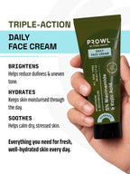 Hand holding PROWL Daily Face Cream next to text on its brightening and hydrating formula.