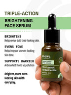 Hand holding PROWL Brightening Face Serum next to text detailing its triple-action formula that brightens and evens tone.
