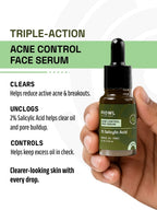 Hand holding PROWL Acne Control Face Serum next to text detailing a triple-action formula that clears, unclogs, and controls oil.