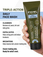 Hand holding PROWL Daily Face Wash next to text detailing a triple-action formula that cleanses, exfoliates, and brightens.