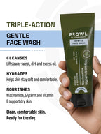 Hand holding PROWL Gentle Face Wash alongside text detailing a triple-action formula that cleanses, hydrates, and nourishes.
