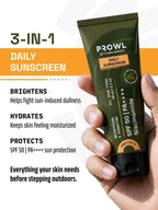 Hand holding PROWL Daily Sunscreen next to text detailing a 3-in-1 daily formula that brightens, hydrates, and protects with SPF 50 PA++++.
