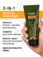 Hand holding PROWL aqua gel sunscreen with text highlighting a 3-in-1 formula that protects, hydrates, and resists sweat.