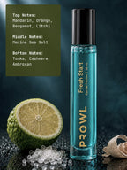 PROWL Fresh Start perfume vial displayed with sea salt and citrus alongside text detailing its mandarin, marine sea salt, and cashmere notes.