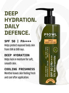 PROWL Daily Body Lotion bottle alongside text highlighting SPF 50 PA++++, deep hydration, and a cooling menthol freshness.