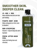 PROWL Daily Body Wash Gel covered in foam beside text noting it fights body acne with 4% AHA + BHA.