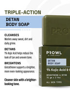 PROWL Detan Body Soap and box next to text noting its formula cleanses, detans, and brightens.