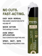 PROWL Body Hair Removal Spray can surrounded by foam, alongside text noting it provides easy, fast-acting hair removal with no cuts.