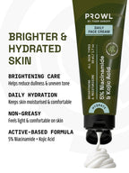 PROWL Daily Face Cream dispensing product next to text highlighting brighter, hydrated skin.