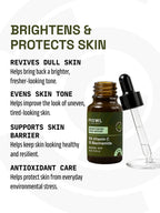 Open PROWL Brightening Face Serum bottle alongside text highlighting its ability to brighten, protect, and revive dull skin.