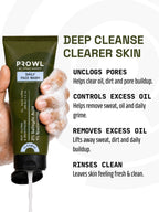 Lathered hand holding PROWL Daily Face Wash next to text highlighting its deep cleanse benefits that unclog pores and control excess oil.
