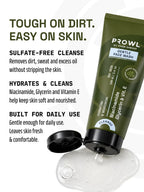 Open PROWL Gentle Face Wash tube dispensing clear gel, with text noting it is tough on dirt, easy on skin, and sulfate-free.