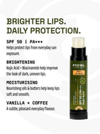 Open PROWL Daily Lip Balm next to text highlighting SPF 50, Kojic Acid, and a vanilla coffee flavour.