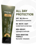 PROWL Daily Sunscreen alongside text highlighting all-day SPF 50 PA++++ protection with a non-greasy finish and no white cast.