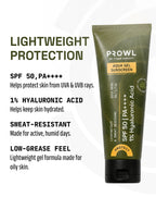 PROWL aqua gel sunscreen tube alongside text noting lightweight SPF 50 protection and 1% hyaluronic acid for oily skin.