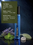 PROWL Active Rush perfume vial resting near lavender and mint alongside text detailing its lavender, clary sage, and cedarwood notes.