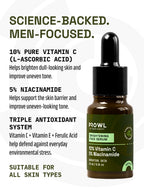 PROWL Brightening Face Serum next to text detailing a science-backed formula with 10% Vitamin C and 5% Niacinamide.