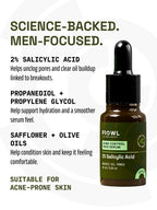 PROWL Acne Control Face Serum next to text detailing a science-backed formula with 2% Salicylic Acid and conditioning oils.
