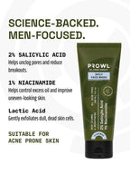 PROWL Daily Face Wash alongside text detailing a science-backed formula with 2% Salicylic Acid, 1% Niacinamide, and Lactic Acid.