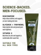 PROWL Gentle Face Wash tube next to text highlighting a science-backed, men-focused formula with Niacinamide and Vitamin E.