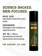 PROWL Daily Lip Balm next to text highlighting a science-backed formula with Kojic Acid, Niacinamide, and SPF 50.