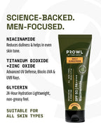 PROWL Daily Sunscreen next to text detailing a science-backed men's formula featuring Niacinamide, Titanium Dioxide, Zinc Oxide, and Glycerin.