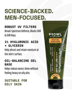 PROWL aqua gel sunscreen tube with text highlighting a science-backed, men-focused formula featuring robust UV filters.