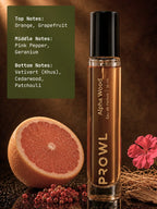 PROWL Alpha Wood perfume vial surrounded by grapefruit and pink peppercorns next to text detailing its orange, pink pepper, and vetiver notes.