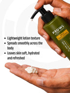Pumping PROWL Daily Body Lotion into a palm, next to text noting a lightweight texture that spreads smoothly and hydrates.