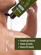 Pouring PROWL Daily Body Wash Gel onto a shoulder with text noting its smooth gel texture and easy foam.