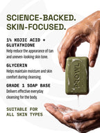 Hands holding PROWL Detan Body Soap beside text detailing its formula with 1% Kojic Acid and Glutathione.