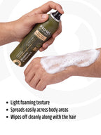 Hands spraying PROWL Body Hair Removal foam onto a wrist, alongside text noting its light foaming texture that spreads easily and wipes off cleanly.