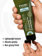 Squeezing PROWL Daily Face Cream into a palm with text noting its lightweight texture.