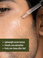 Dropper applying PROWL Brightening Face Serum to a cheek, with text noting its lightweight texture and easy absorption.